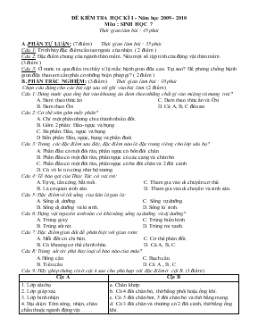 Đề kiểm tra học kì I - Năm học 2009 - 2010 môn  sinh học 7 thời gian làm bài  45 phút